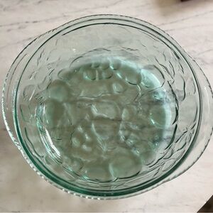 Vintage Libbey green glass casserole dish base - orchard fruit embossed pattern
